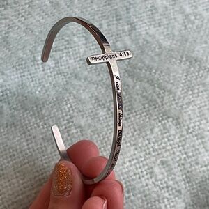 Philippians 4:13 Silver Toned Cross Shaped Cuff Bangle Bracelet Bible Verse